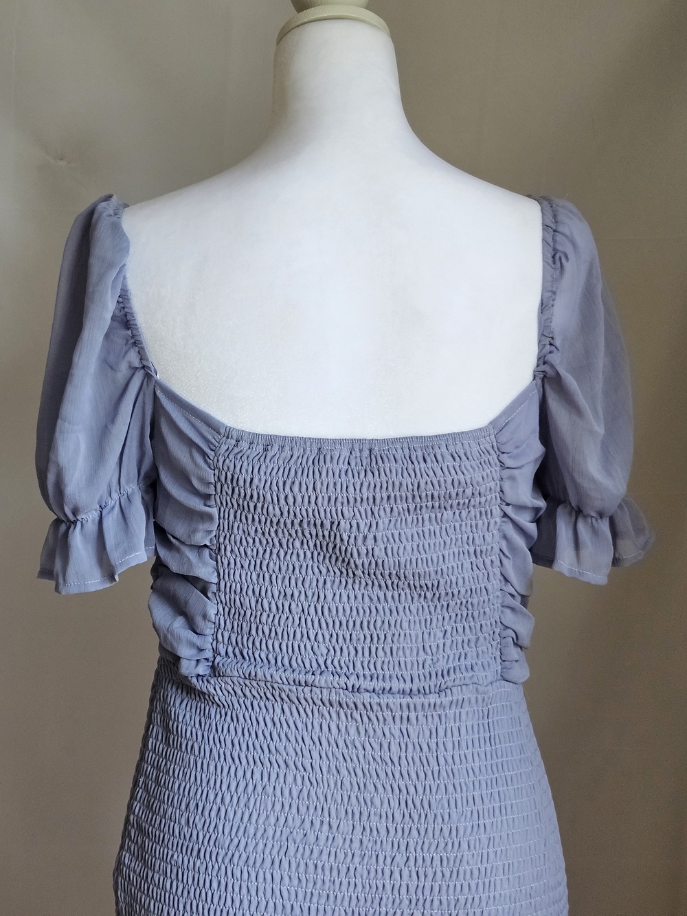 SHE + SKY Periwinkle Blue Smocked Bodycon Mini Dress Chiffon Ruched Bust Size S - Picture 5 of 15